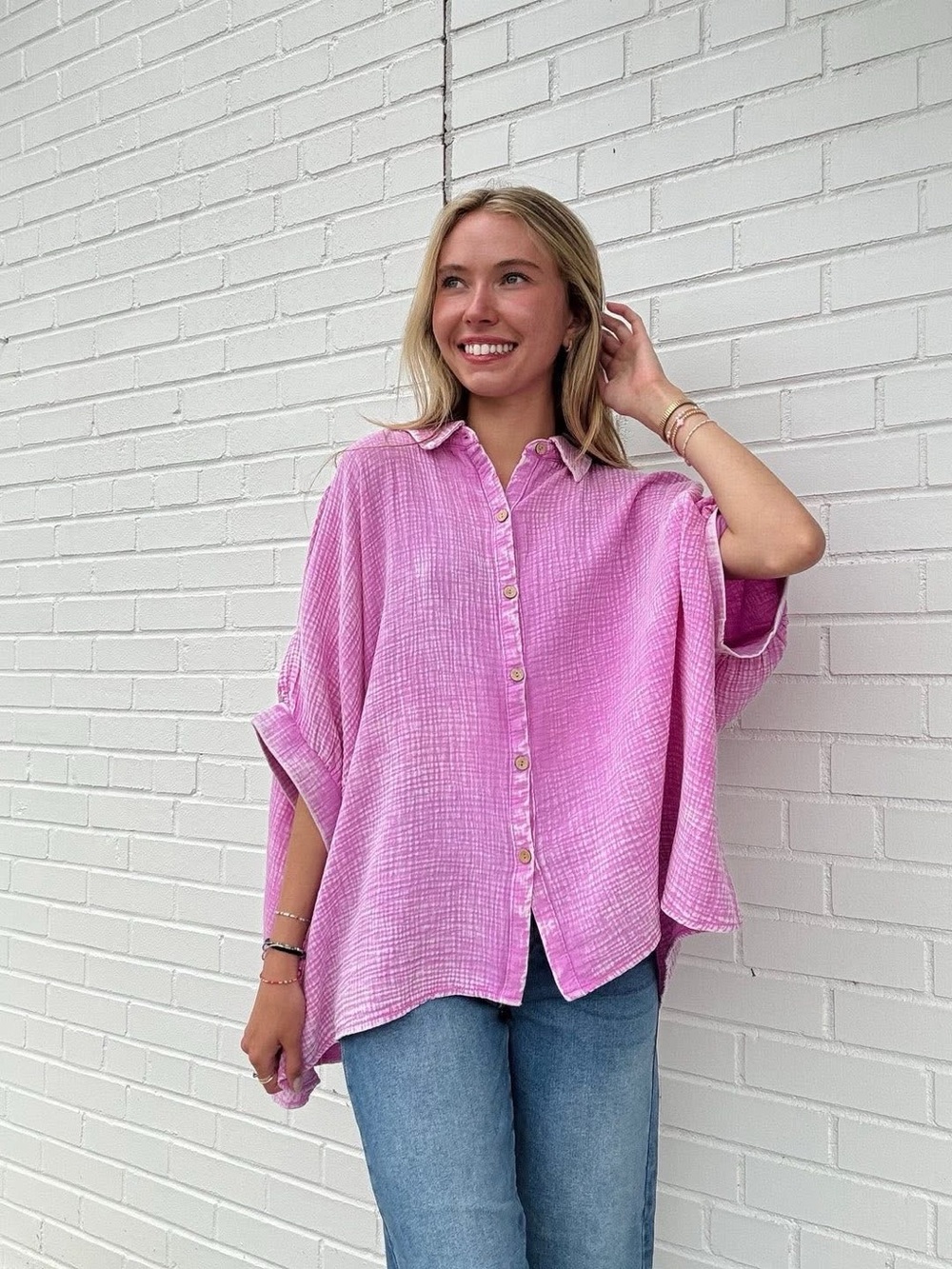 Zenana Outfitters Pink Button-Front Oversized V-Neck Top